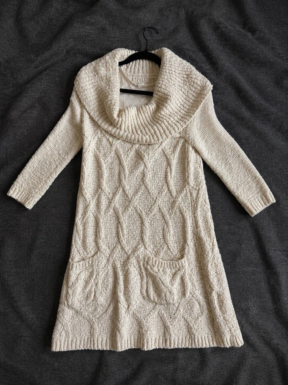 Sleeping On Snow Size S Ivory Wool Blend Chunky Cable Knit Sweater Dress Anthrop